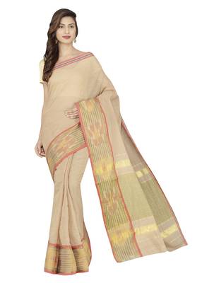 Beige woven cotton saree with blouse 1