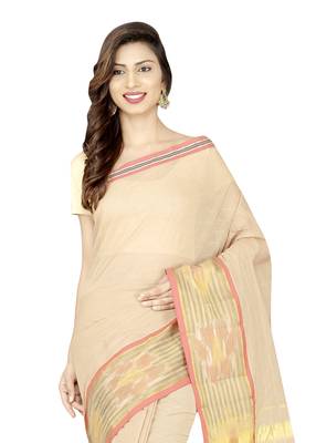 Beige woven cotton saree with blouse 3