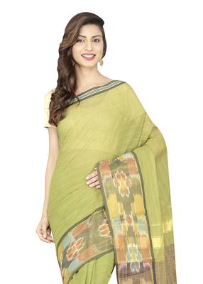 Green woven cotton saree with blouse 3