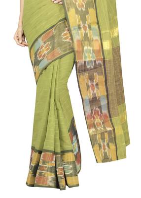 Green woven cotton saree with blouse 4