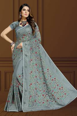 Grey finest of thread embroidery in Lucknowi style saree with heavy embroidery blouse 1