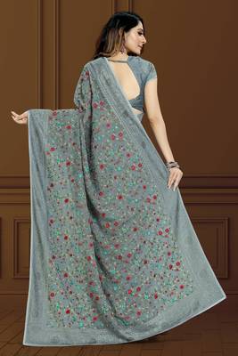 Grey finest of thread embroidery in Lucknowi style saree with heavy embroidery blouse 2
