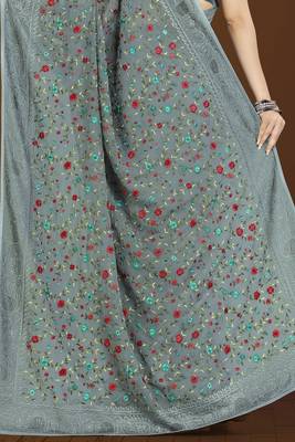 Grey finest of thread embroidery in Lucknowi style saree with heavy embroidery blouse 3