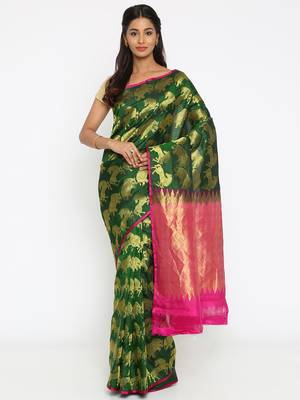 CLASSICATE From The House Of The Chennai Silks Women's Dark Green Traditional Kanjivaram Silk Saree With Blouse 1