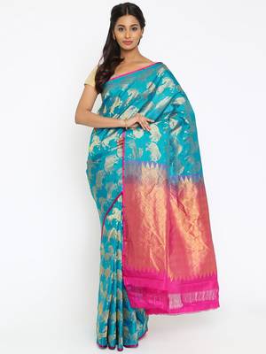 CLASSICATE From The House Of The Chennai Silks Women's Sky Blue Traditional Kanjivaram Silk Saree With Blouse 1