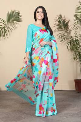 Turquoise Printed Cotton Saree With Blouse 1