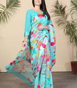 Turquoise Printed Cotton Saree With Blouse