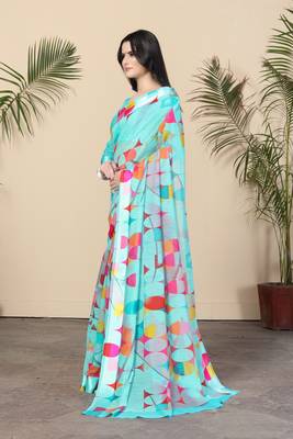 Turquoise Printed Cotton Saree With Blouse 2