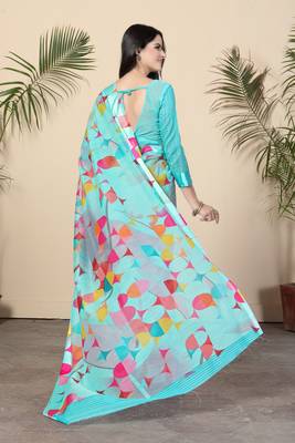 Turquoise Printed Cotton Saree With Blouse 3