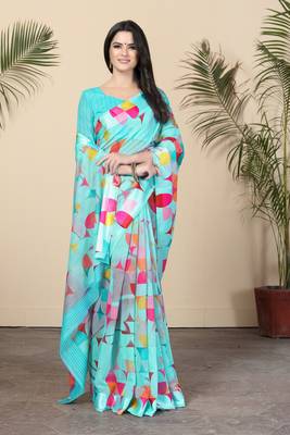 Turquoise Printed Cotton Saree With Blouse 4