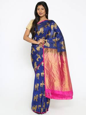 CLASSICATE From The House Of The Chennai Silks Women's Navy Blue Traditional Kanjivaram Silk Saree With Blouse 1