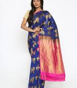 CLASSICATE From The House Of The Chennai Silks Women's Navy Blue Traditional Kanjivaram Silk Saree With Blouse