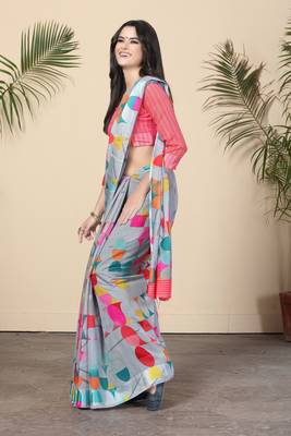 Grey Printed Cotton Saree With Blouse 1