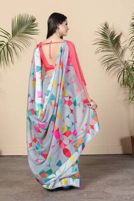 Grey Printed Cotton Saree With Blouse 2