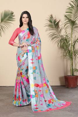 Grey Printed Cotton Saree With Blouse 3