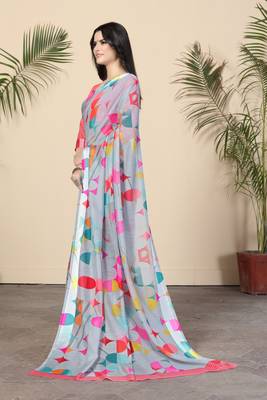 Grey Printed Cotton Saree With Blouse 4