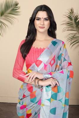Grey Printed Cotton Saree With Blouse 5