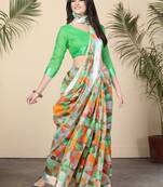 Green Printed Cotton Saree With Blouse