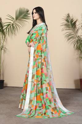 Green Printed Cotton Saree With Blouse 3