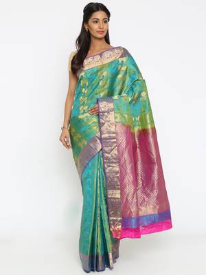 CLASSICATE From The House Of The Chennai Silks Women's Aqua Blue Traditional Kanjivaram Silk Saree With Blouse 1