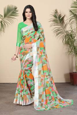 Green Printed Cotton Saree With Blouse 4