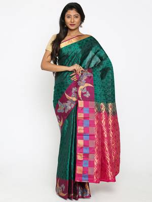 CLASSICATE From The House Of The Chennai Silks Women's Emerald Traditional Kanjivaram Silk Saree With Blouse 1