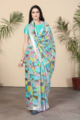 Turquoise Printed Cotton Saree With Blouse 1