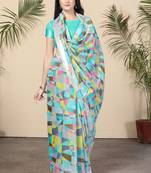 Turquoise Printed Cotton Saree With Blouse