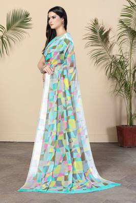 Turquoise Printed Cotton Saree With Blouse 2
