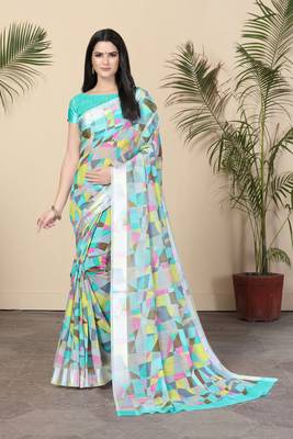 Turquoise Printed Cotton Saree With Blouse 3