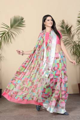 Pink Printed Cotton Saree With Blouse 1
