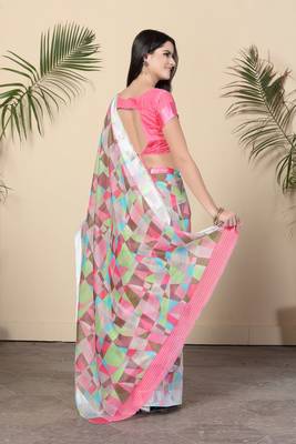 Pink Printed Cotton Saree With Blouse 2