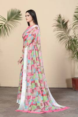 Pink Printed Cotton Saree With Blouse 3