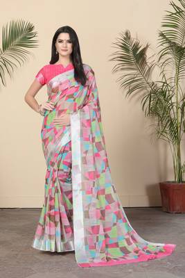 Pink Printed Cotton Saree With Blouse 4