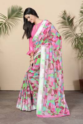 Pink Printed Cotton Saree With Blouse 1