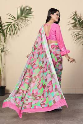 Pink Printed Cotton Saree With Blouse 2