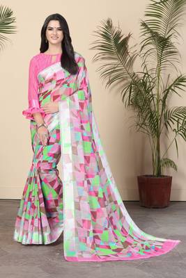 Pink Printed Cotton Saree With Blouse 3