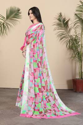 Pink Printed Cotton Saree With Blouse 4