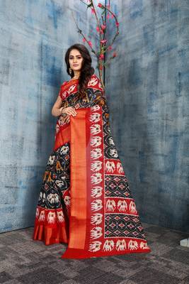 Black Printed Cotton Saree With Blouse 1