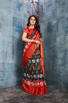 Black Printed Cotton Saree With Blouse 4