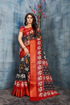 Black Printed Cotton Saree With Blouse 5