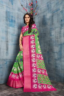Green Printed Cotton Saree With Blouse 1