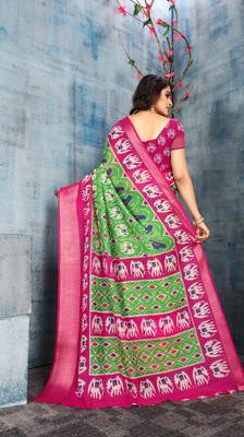 Green Printed Cotton Saree With Blouse 2