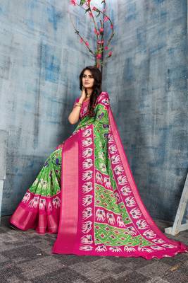 Green Printed Cotton Saree With Blouse 3