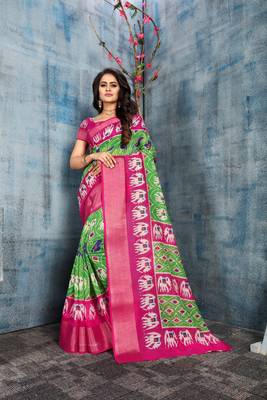 Green Printed Cotton Saree With Blouse 5