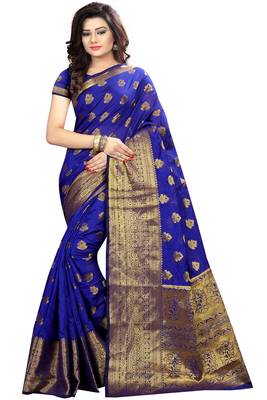 Royal blue woven banarasi saree with blouse 1