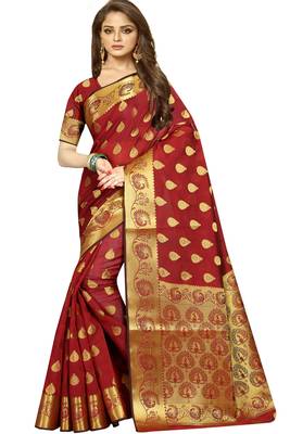 Maroon woven banarasi saree with blouse 1
