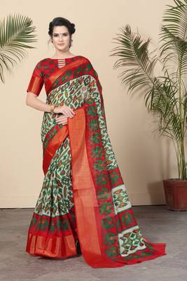 White Printed Cotton Saree With Blouse 1