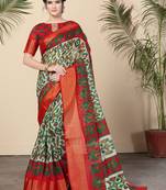 White Printed Cotton Saree With Blouse