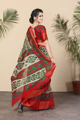 White Printed Cotton Saree With Blouse 2
